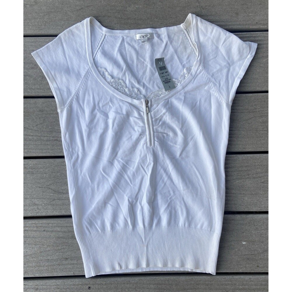 Y2K Cache White Zip Front Lace Trim Fitted Knit Top Rhinestone Zipper